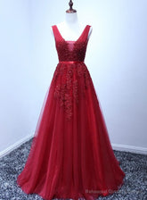 Wine Red V-neckline Tulle Long Prom Dress, Dark Red Floor Length Party Dress, Bridesmaid Dress